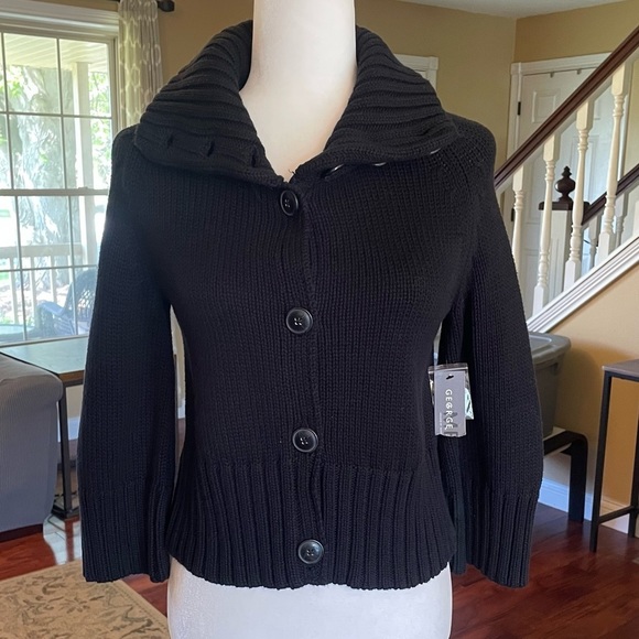 George Sweaters - NWT - Cashmere Cotton Loose Knit Black Cardigan Sweater, Preppy, Size S